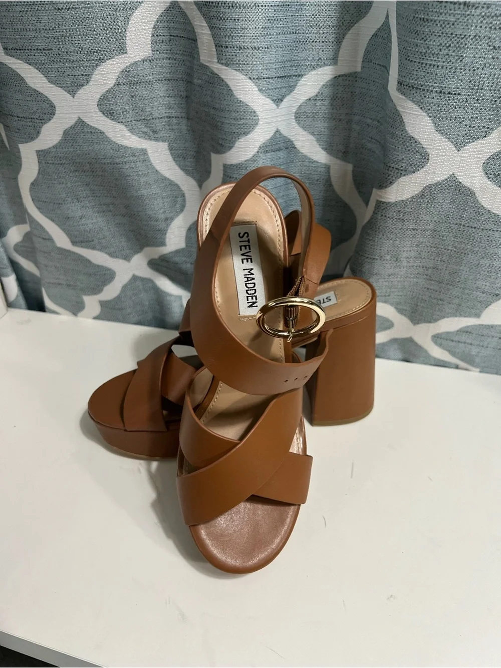 Steve Madden Brown Platform thick Heel Sandals with Gold Buckle